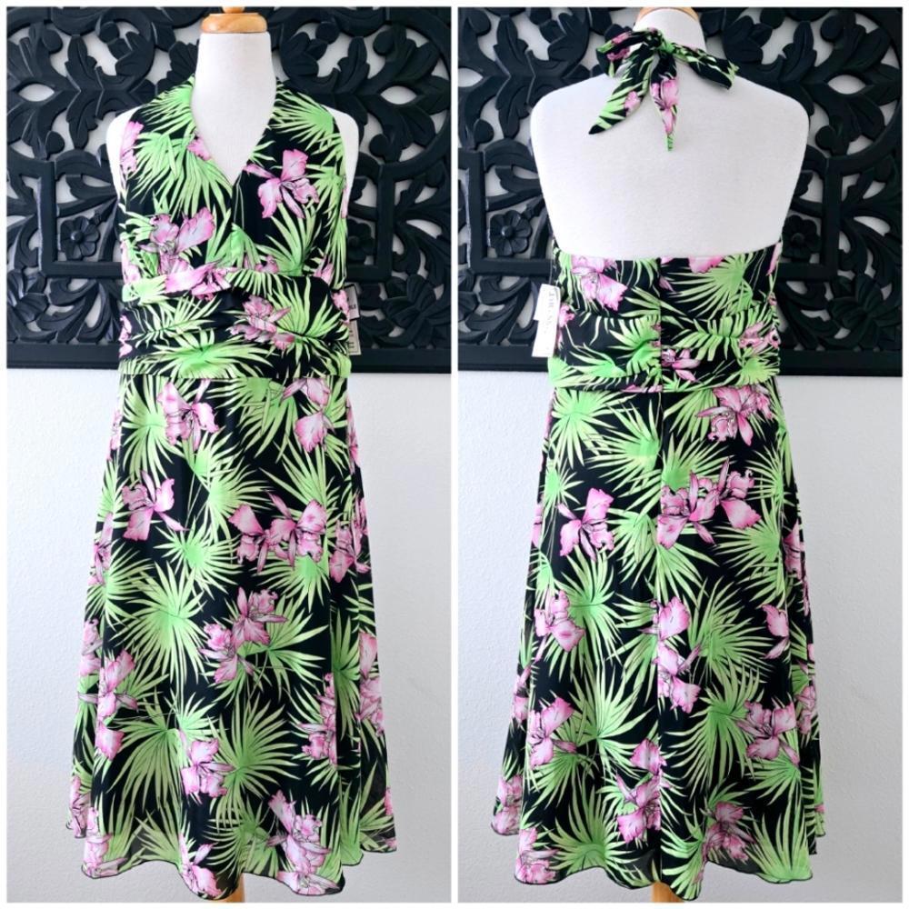 Dress-U-II by Sharon Tropical Floral Halter Dress Size 18 NWT